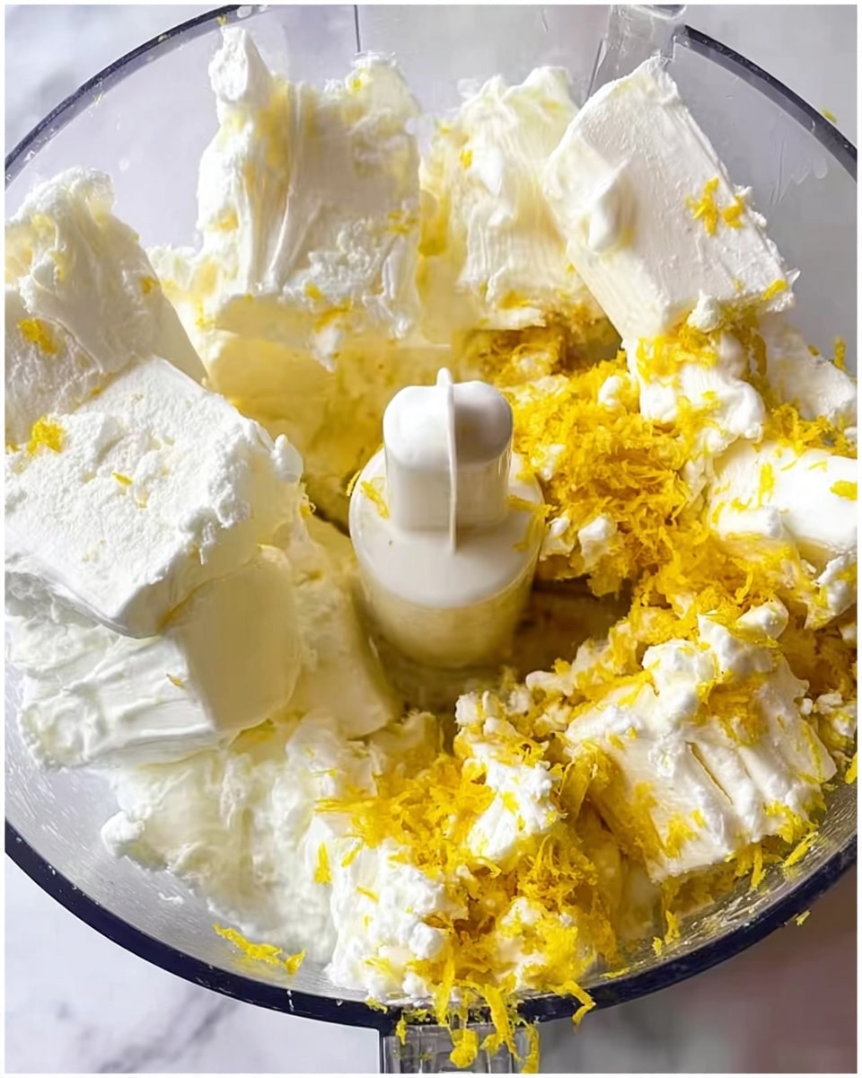 The image shows a close-up inside a clear food processor bowl with large chunks of white cheese and bright yellow lemon zest scattered mainly on the right side. The cheese pieces have a soft, crumbly texture. A white plastic blade holder stands upright in the center. The background surface is a white marbled texture. photo taken with an iphone --ar 4:5 --v 7