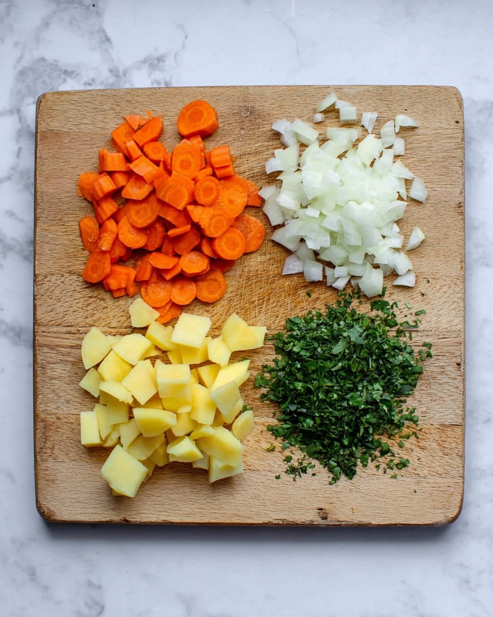 The image shows a wooden cutting board placed on a white marbled surface with four groups of chopped ingredients neatly arranged on it. In the top left corner, there are bright orange carrot pieces cut into small slices, while the top right corner has finely chopped white onions. The bottom left corner holds pale yellow potato cubes, and the bottom right corner features chopped green herbs. The colors of the vegetables contrast well against the light wood grain of the cutting board photo taken with an iphone --ar 4:5 --v 7