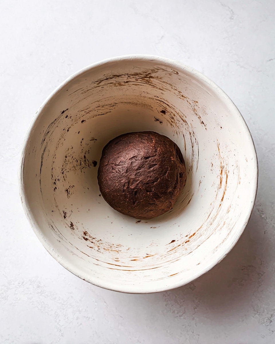 A single round ball of dark brown dough with a slightly cracked and textured surface sits at the center of a large white bowl that shows signs of use with faint cracks and small cocoa stains inside. The bowl rests on a white marbled surface, providing a clean and simple background. photo taken with an iphone --ar 4:5 --v 7