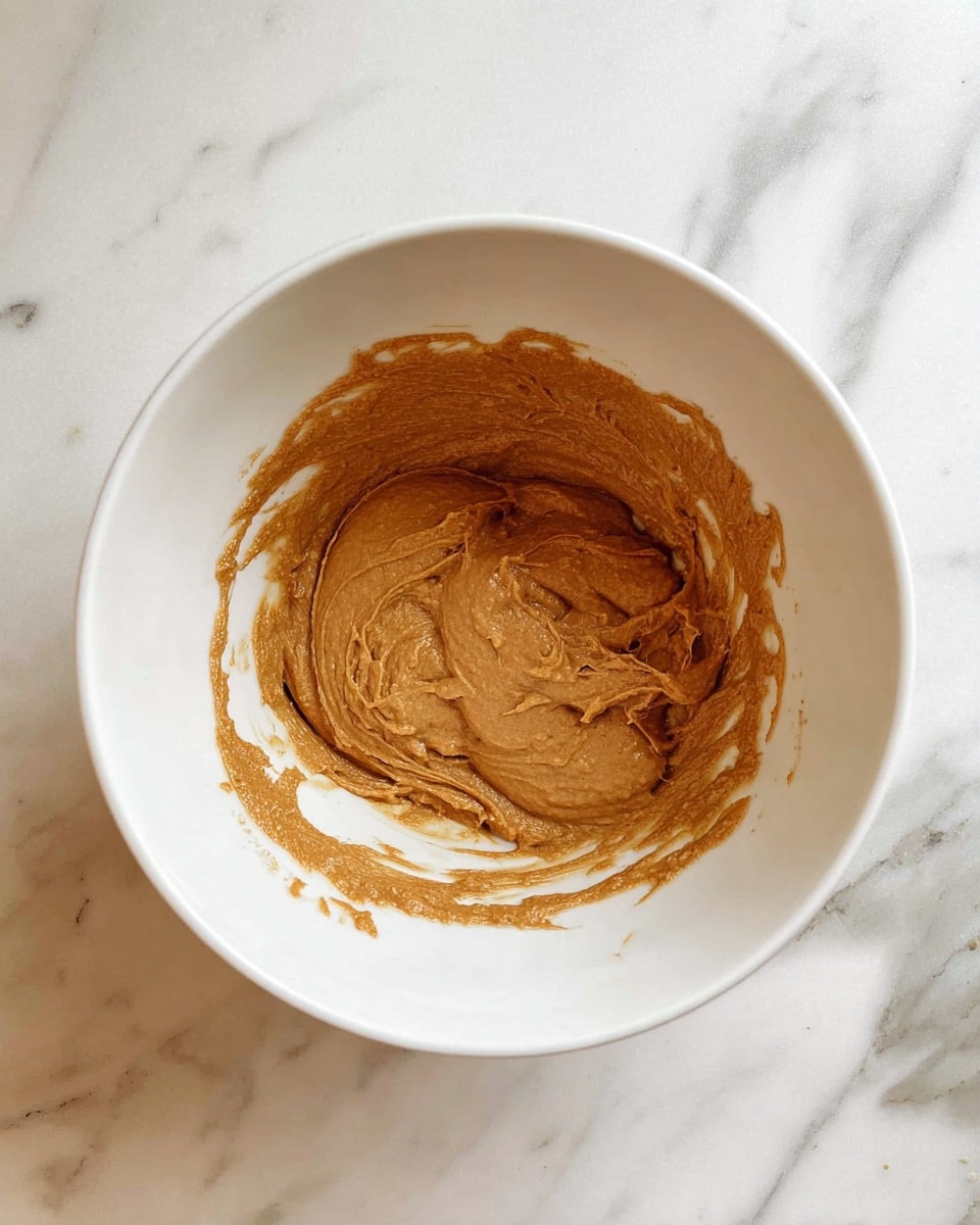 A white mixing bowl sits on a white marbled surface, containing a single layer of thick, smooth, light brown batter spread unevenly inside. The batter has a slightly glossy texture and is gathered more in the center, with some small smudges on the sides of the bowl. Photo taken with an iphone --ar 4:5 --v 7