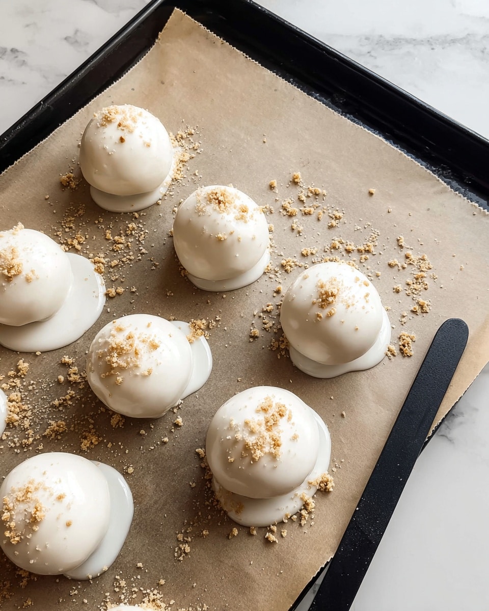 The image shows eight round white treats placed on a baking tray lined with light brown parchment paper. Each treat has a smooth, shiny white coating with a small puddle of white coating around its base where it touches the paper. Light brown crumbs are sprinkled on top of each treat and scattered around on the parchment paper. The tray is black with a white marbled surface underneath, and a black knife lies next to the treats on the right side. photo taken with an iphone --ar 4:5 --v 7
