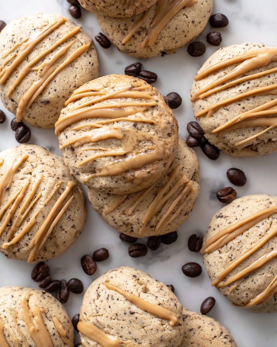 Several round cookies are scattered on a white marbled surface, each cookie showing two main layers: a baked light beige dough with dark specks throughout, and a drizzle of light caramel-colored icing on top that forms thin, uneven lines. The cookies have a soft, slightly cracked texture, with some showing more prominent ridges and cracks. Dark brown coffee beans are placed around the cookies, adding contrast and detail to the arrangement. photo taken with an iphone --ar 4:5 --v 7