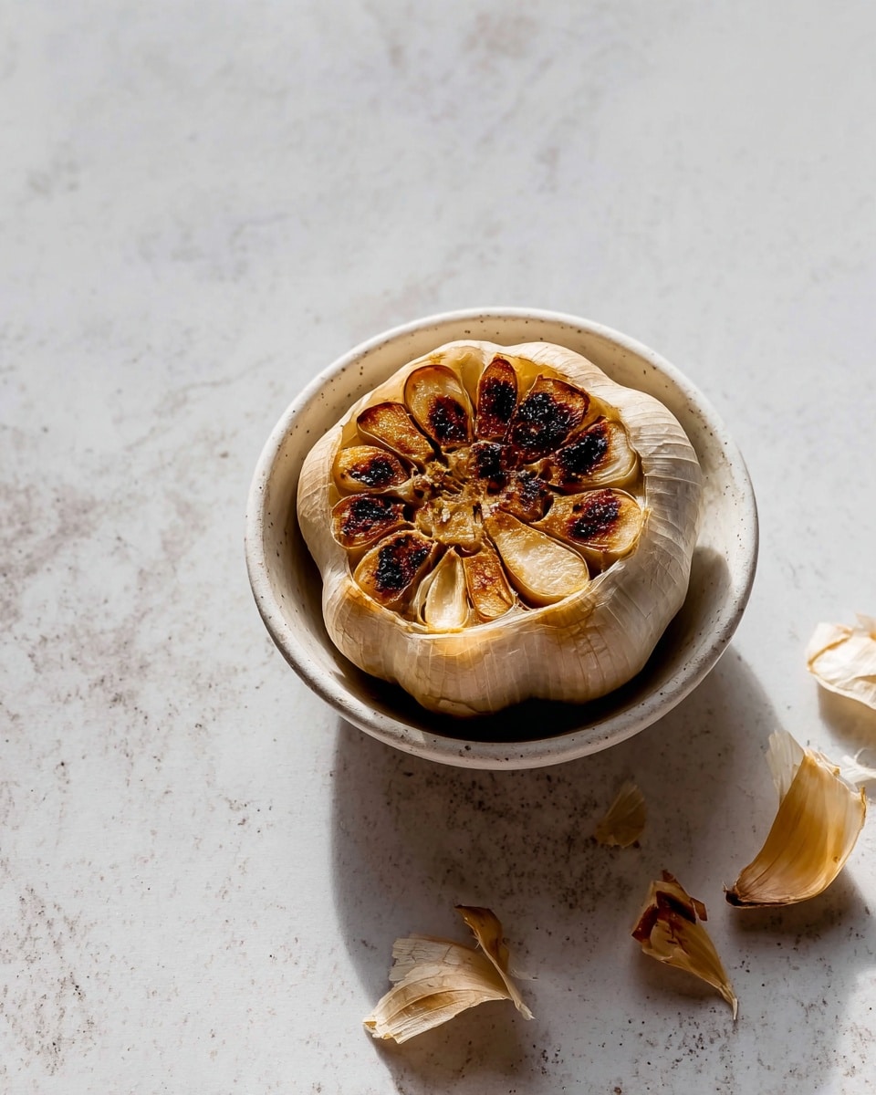 A single head of roasted garlic is placed in the center of a small white bowl. The garlic has a golden brown top with slightly charred darker brown spots spread unevenly across the top surface. The outer layers of the garlic are light beige and appear dry and papery. The bowl is resting on a flat surface with a white marbled texture, and there is a small piece of dry garlic skin beside the bowl. Photo taken with an iphone --ar 4:5 --v 7