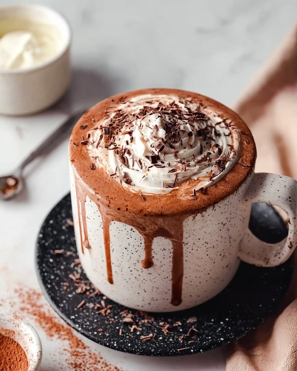 The image shows a white textured mug filled with rich hot chocolate that nearly reaches the rim, topped with a thick swirl of white whipped cream generously sprinkled with fine dark brown chocolate shavings. Warm chocolate drips gently down the mug's sides, adding a glossy deep brown shine against the matte mug. The mug sits on a round black saucer with small white speckles, placed on a white marbled surface. Nearby, a small white bowl with a creamy white substance and a measuring spoon with light cream are visible, contributing to the cozy, inviting setting. photo taken with an iphone --ar 4:5 --v 7