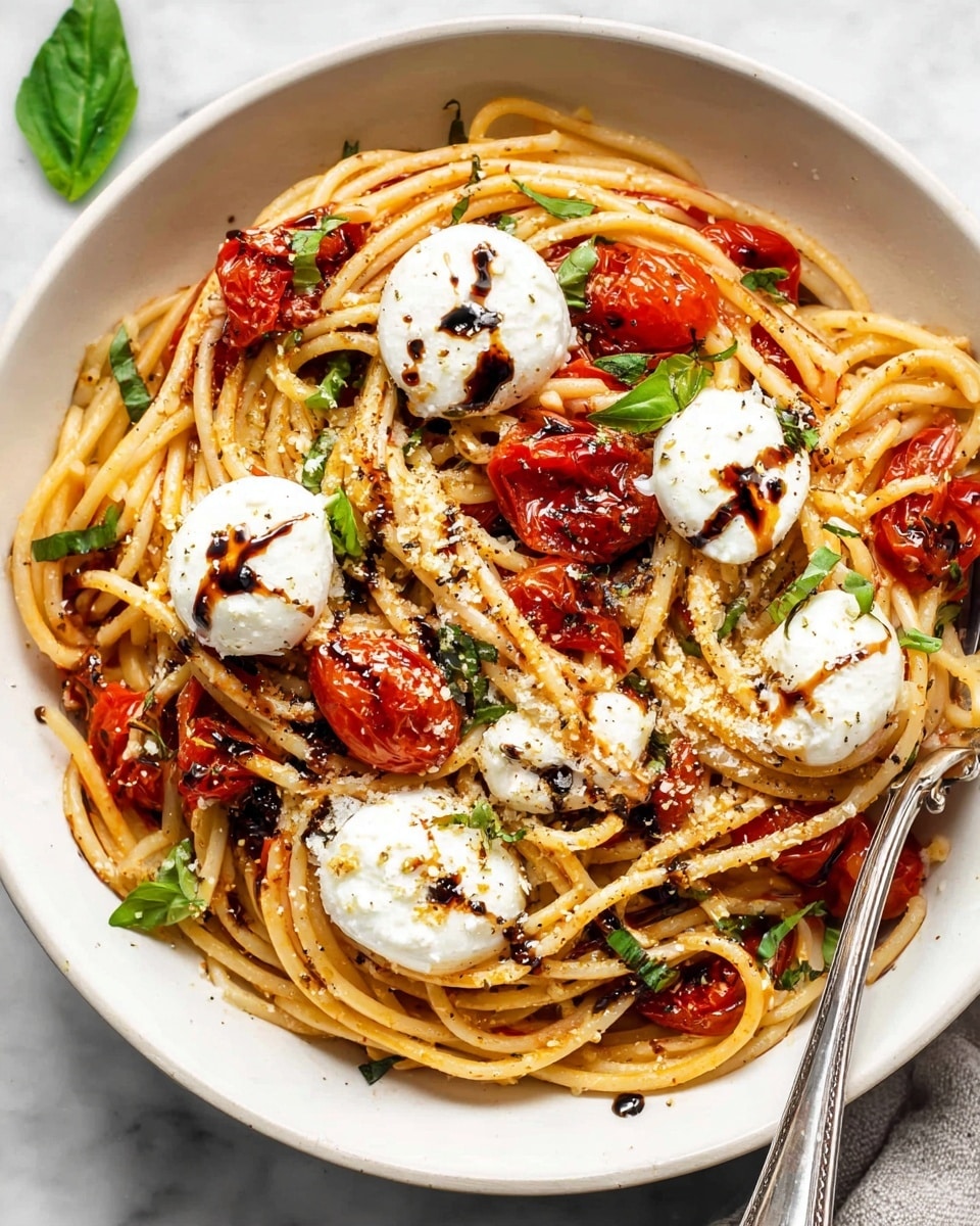 A white bowl filled with thick, round spaghetti noodles mixed with bright red roasted tomatoes and garnished with small green basil leaves scattered on top. There are four dollops of soft white cheese placed evenly on the pasta, each with a drizzle of dark balsamic glaze and a light sprinkle of grated cheese and cracked black pepper. The pasta looks glossy with a light sauce, and the bowl rests on a white marbled surface with a silver fork partially in the bowl photo taken with an iphone --ar 4:5 --v 7