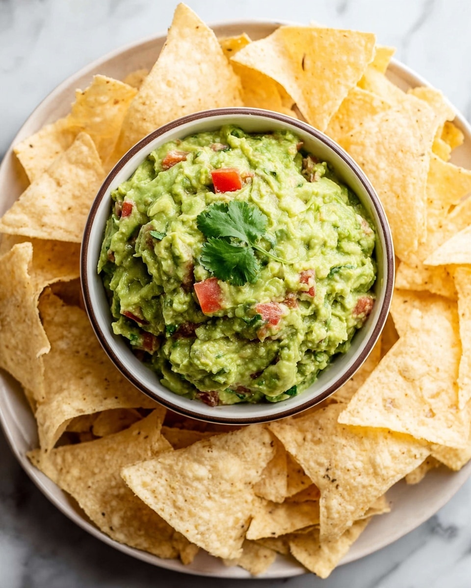 A close-up view of a small bowl filled with chunky green guacamole mixed with pieces of red tomato and small green herbs, garnished with a sprig of cilantro on top. The bowl is placed in the center of a round white plate. Surrounding the bowl, the plate is filled with many triangular, pale yellow tortilla chips, neatly arranged in a circular pattern. The whole setup rests on a white marbled surface. Photo taken with an iphone --ar 4:5 --v 7