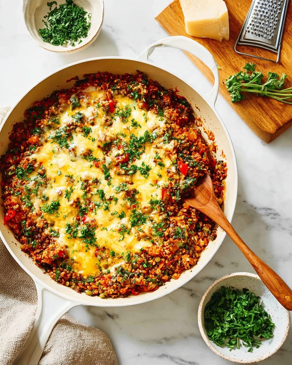 In a white pan with handles, there is a colorful dish with three main layers: the bottom layer is a chunky reddish-brown lentil and vegetable mix with visible pieces of green spinach and red peppers, the middle layer is a thick melted yellow and white cheese spread unevenly over the dish, and the top layer is sprinkled with green chopped parsley giving a fresh touch. A wooden spoon rests inside the pan on the right side. Next to the pan on the white marbled surface, there is a small white bowl filled with chopped green herbs and fresh parsley stems. A wooden cutting board with a metal grater and a block of cheese is placed in the upper right corner. The scene is bright and clean. Photo taken with an iphone --ar 4:5 --v 7