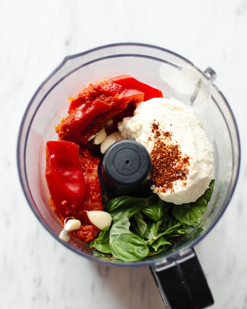 A clear food processor bowl shows four main groups of ingredients: two bright red roasted pepper pieces on the left with some small bits scattered, a creamy off-white dollop of soft cheese on the right topped with a sprinkle of reddish-brown spice, a small bunch of fresh green basil leaves near the bottom center, and some small bits of garlic scattered on the peppers. The bowl sits on a white marbled surface, and the black handle and blade holder are visible at the top center. The photo taken with an iphone --ar 4:5 --v 7