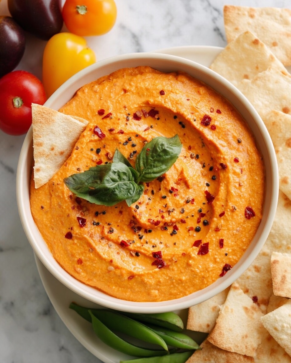 A round white bowl filled with bright orange dip that has a creamy and slightly textured surface, sprinkled with black pepper and red chili flakes. A small fresh green basil leaf rests on the left side of the dip, while a triangular pita chip is dipped into the right side. Surrounding the bowl are light beige pita chips scattered on a white marbled surface, along with red, yellow, and dark purple small oval tomatoes at the top. The bottom shows a few green snap peas adding contrast to the colors. Photo taken with an iphone --ar 4:5 --v 7