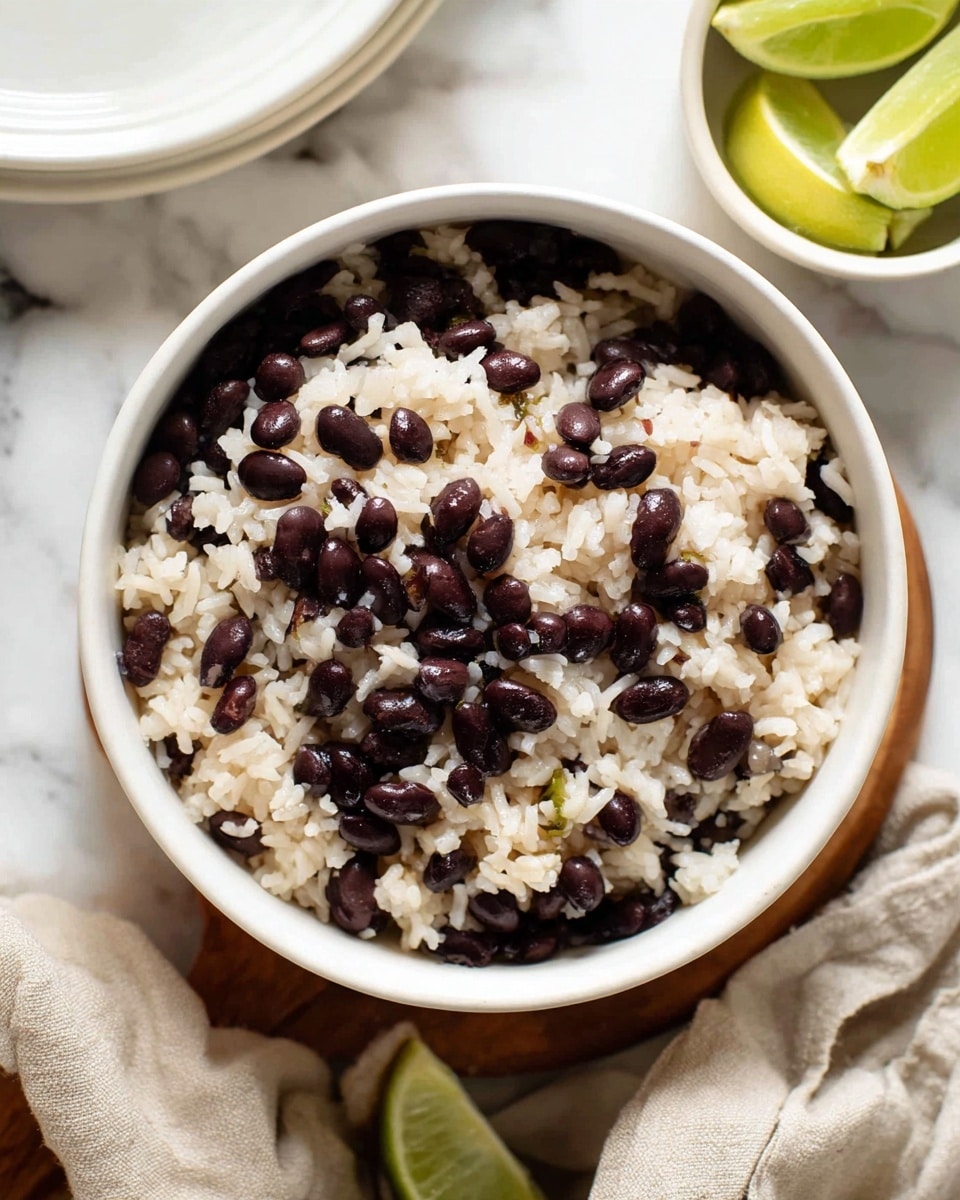 A white bowl filled with a mix of cooked white rice and black beans, where the beans are scattered evenly throughout the rice, showing a contrast between the light and dark colors. The rice looks soft and slightly sticky, while the beans have a shiny, smooth texture. The bowl is placed on a surface with a white marbled texture, and next to it is a partial view of a white plate and a small white bowl holding two lime wedges. A beige cloth is casually placed nearby, adding a soft touch to the scene. photo taken with an iphone --ar 4:5 --v 7