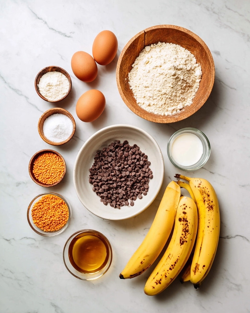 The image shows a flat layout of several cooking ingredients on a white marbled surface. There are two whole yellow bananas with brown spots on the right side, placed diagonally. Below the bananas is a white bowl filled with crushed orange lentils. Above the lentils are two brown eggs resting side by side. Above the eggs is a shallow wooden bowl filled with a light brown flour. To the left of the flour are three small wooden bowls arranged vertically: the top one has white powder, the middle one has a slightly coarser white powder, and the bottom has fine white salt. At the center right is a small glass bowl with white butter or cream. Next to it is a tiny white cup filled with a dark amber liquid, possibly vanilla extract. Above these is a clear glass bowl with a light liquid. At the center is a white bowl filled with many small dark brown chocolate chips. Near the top center is a small wooden bowl with orange-brown cinnamon powder, and next to it on the left is a glass bowl with a golden liquid resembling honey. The scene looks clean and bright, photo taken with an iphone --ar 4:5 --v 7