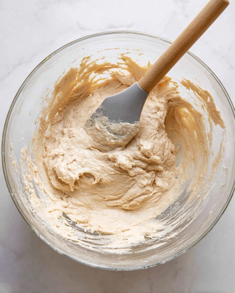 A clear glass bowl is filled with a creamy, light beige dough that has a soft, slightly lumpy texture showing air bubbles throughout. A spatula with a gray silicone head and a wooden handle is resting inside the bowl, coated with the dough. The bowl sits on a white marbled surface, and streaks of dough cling to the inner sides of the bowl, indicating the mixture is being stirred or folded. The overall scene looks clean and simple, focusing on the dough's thick, smooth consistency. photo taken with an iphone --ar 4:5 --v 7