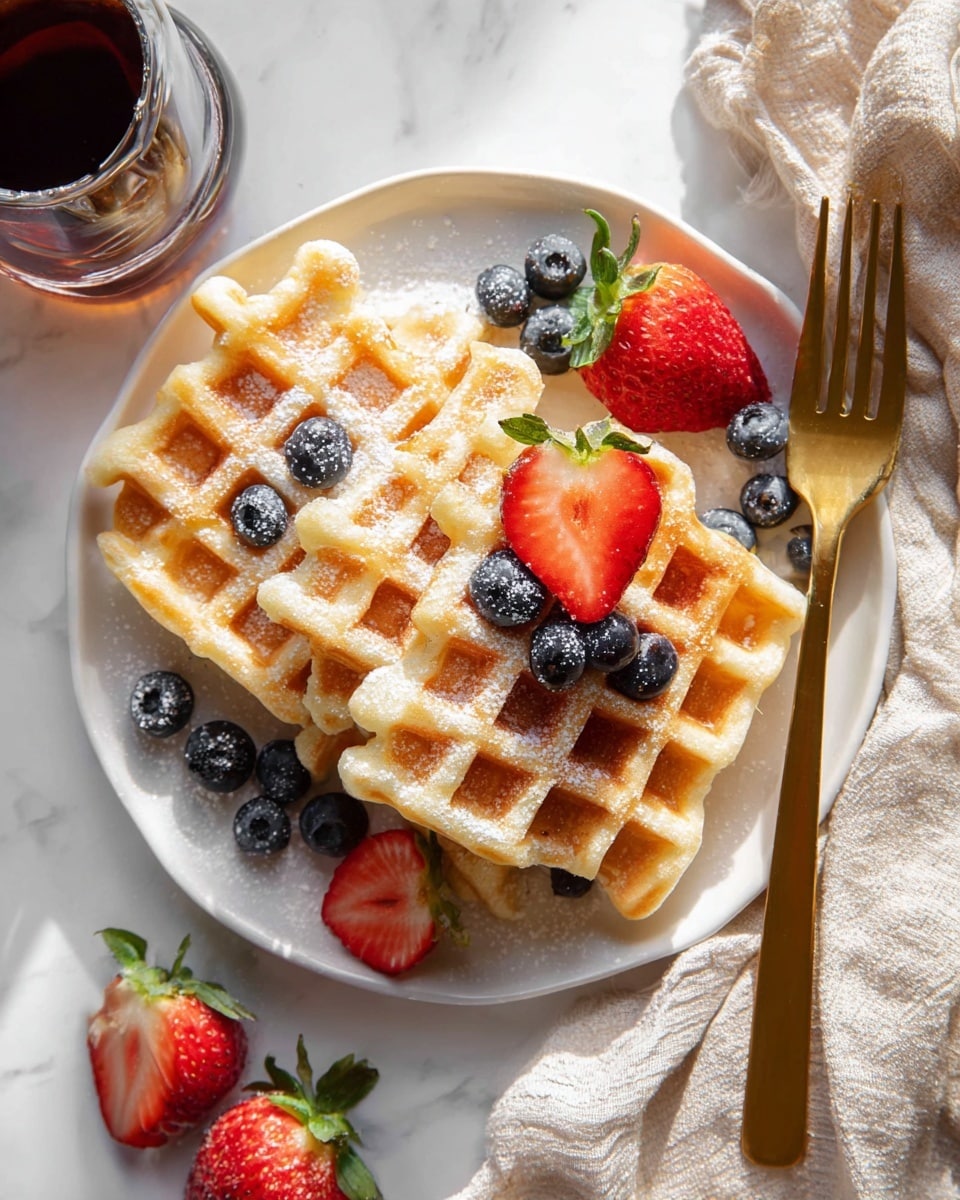 A white plate holds three golden brown waffles stacked unevenly, with crispy edges and a soft, airy texture. On top and around the waffles are fresh blueberries and halved strawberries with bright red flesh and green leaves. A light dusting of powdered sugar is sprinkled over the waffles, adding a fine white contrast to their warm color. To the right of the plate is a gold fork resting on a crumpled beige cloth napkin, and a glass of dark syrup is partially visible on the left on a white marbled surface. The overall setting is bright and clean with natural light. photo taken with an iphone --ar 4:5 --v 7