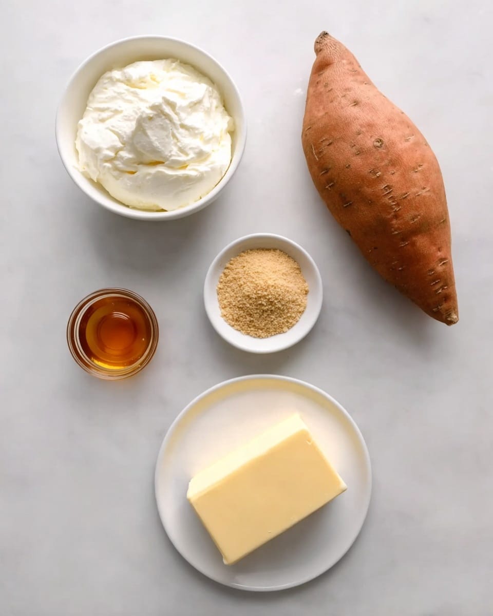 A white marbled surface holds five ingredients spaced apart. At the top right is a whole sweet potato with rough orange-brown skin. To the left is a white bowl filled with smooth, thick white cream cheese. Below this, a small round white bowl contains light brown crumbly powder. Next to it on the left sits a small round glass cup with amber-colored honey. At the bottom right, a white round plate holds a pale yellow block of butter with a soft, smooth texture. Photo taken with an iphone --ar 4:5 --v 7