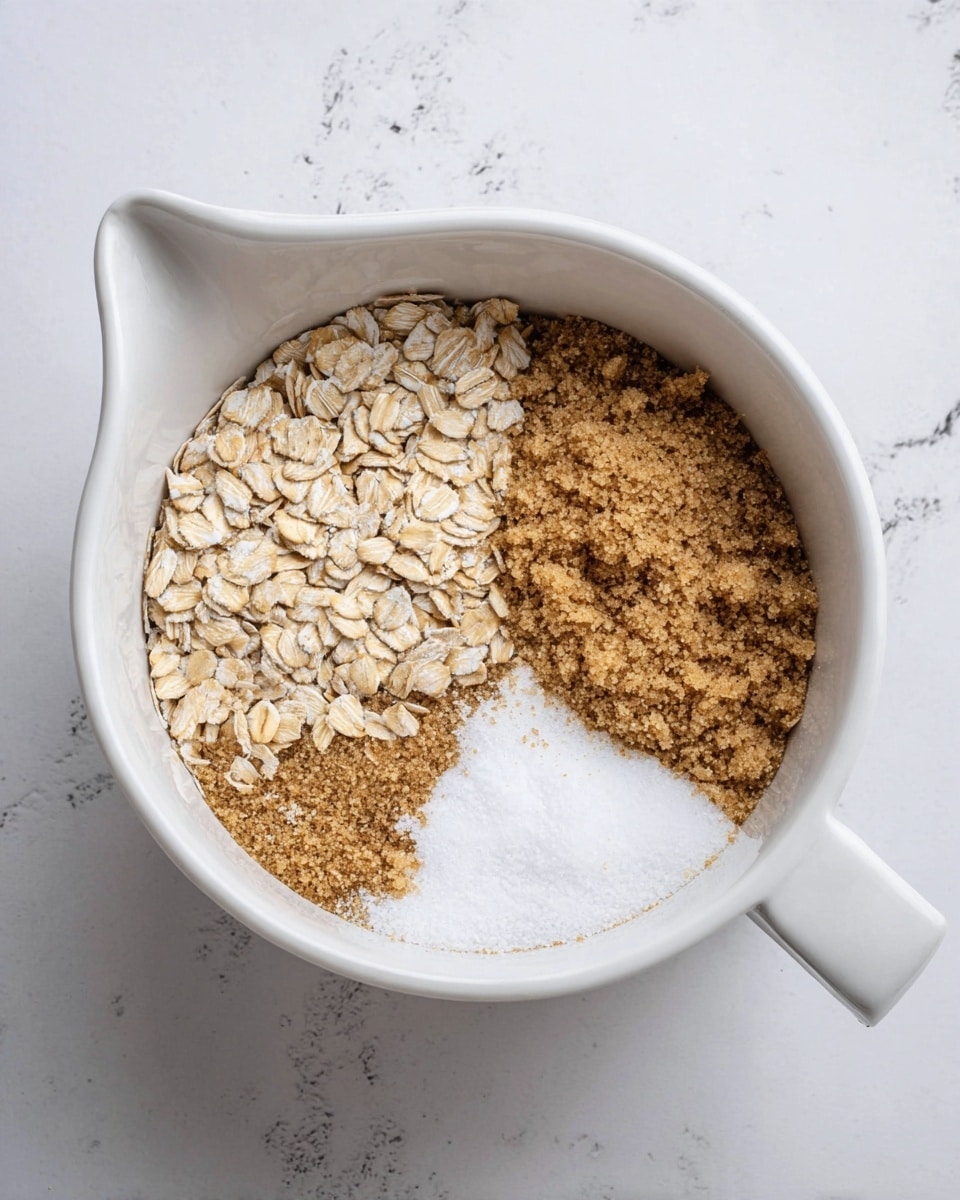 A white mixing bowl with a handle sits on a white marbled surface, filled with dry ingredients arranged in clear sections. One side holds light beige rolled oats, rough in texture with visible grain layers. Next to the oats is a pile of light brown sugar with a crumbly, fine texture. Near the center are two small piles: one of white granulated salt with a crystalline texture, and the other of white powdery baking soda. The ingredients are layered separately, showing distinct colors and textures in the white bowl. photo taken with an iphone --ar 4:5 --v 7