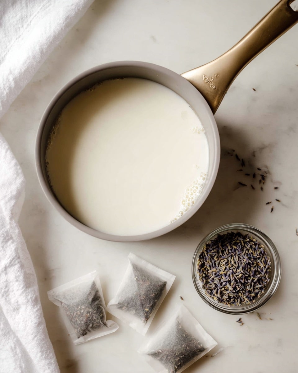 A gray saucepan with a light brown handle is filled almost to the top with white liquid, sitting on a white marbled surface. Below the saucepan, there are three triangular tea bags with dark leaves inside, loosely arranged on the surface. To the right of the tea bags, there is a small clear glass bowl filled with dried lavender flowers, resting on the same white marbled surface. A white cloth is partially visible on the left side. The overall scene is softly lit and minimalistic photo taken with an iphone --ar 4:5 --v 7