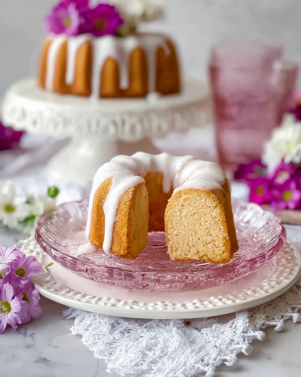 A small, round bundt cake with a golden brown color has a thick white icing dripping over the top and down the sides. One slice from the cake is placed leaning against it, showing the light, soft texture inside. The cake sits on a clear pink glass plate with a pattern around the edge, which rests on a white plate with a raised decorative edge, all placed on a white marbled surface partially covered by a white lace cloth. In the softly blurred background, there is a white cake stand with another bundt cake topped with white icing and decorated with bright purple and white flowers, matching more purple flowers scattered around. photo taken with an iphone --ar 4:5 --v 7