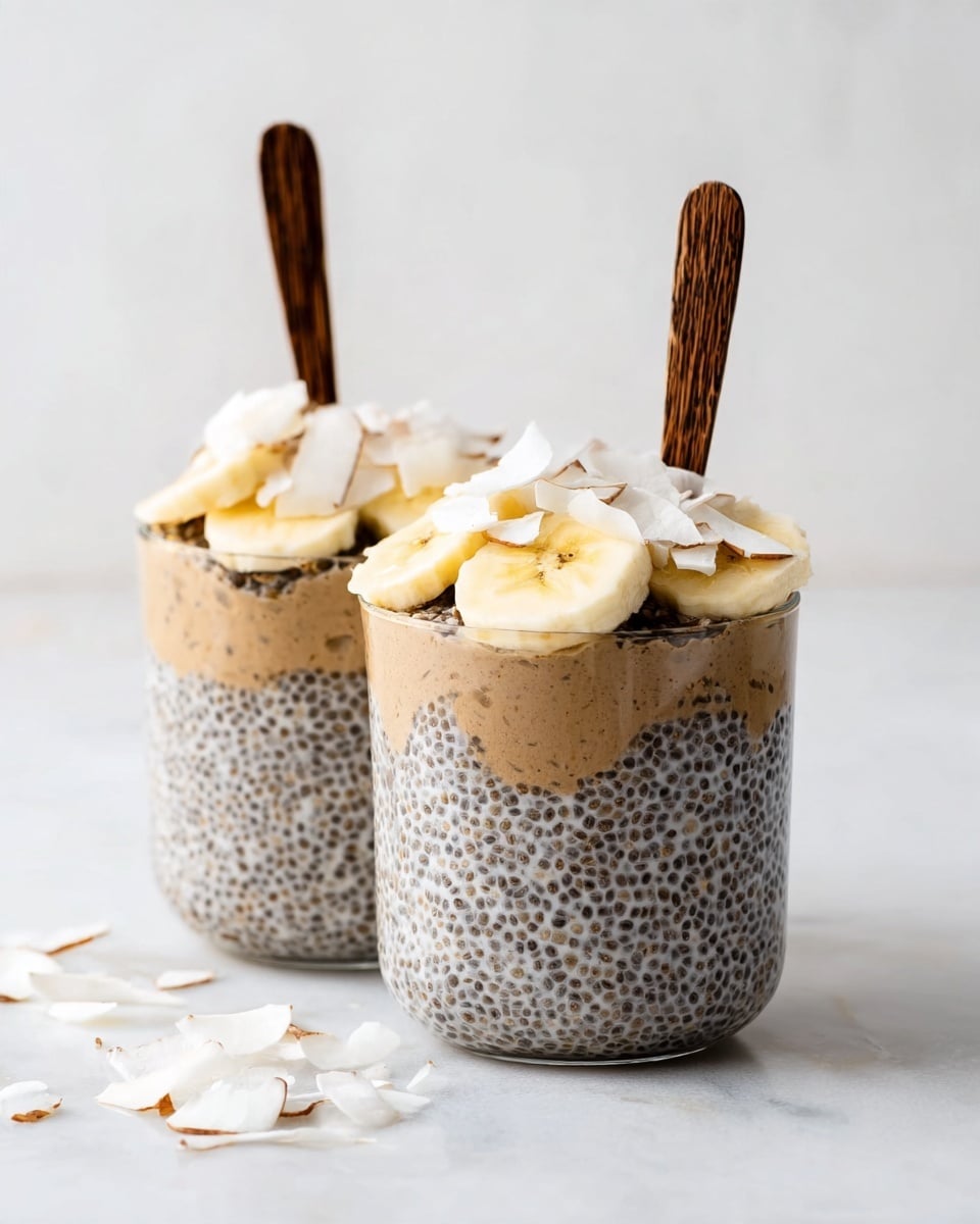 Two clear glass cups filled with three layers: the bottom and middle layers show creamy light brown chia pudding with tiny black chia seeds evenly spread, and the top layer is topped with light yellow sliced bananas and thin white coconut flakes scattered on top. Each cup has a thin dark brown wooden spoon sticking upright inside. The cups are placed on a white marbled surface with a soft white background. photo taken with an iphone --ar 4:5 --v 7