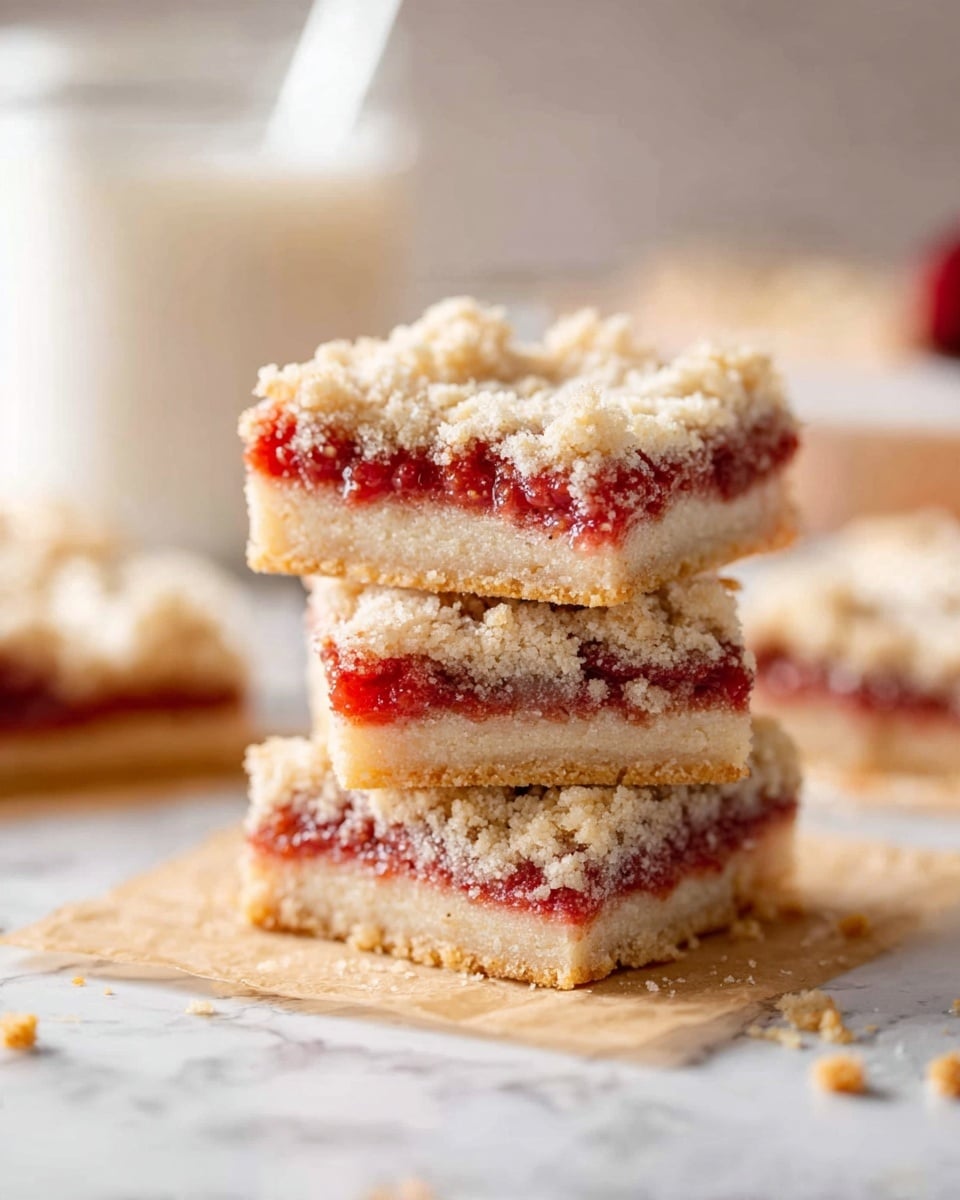 Three square slices of crumb cake are stacked on top of each other on a parchment paper that lies on a white marbled surface. Each slice has three layers: a bottom thick pale beige shortbread layer, a middle bright red jam layer, and a top crumbly light beige streusel layer. The top crumb layer is uneven and slightly scattered with crumbs around the base. In the blurred background, there is another crumb cake slice and a large white container. Photo taken with an iphone --ar 4:5 --v 7