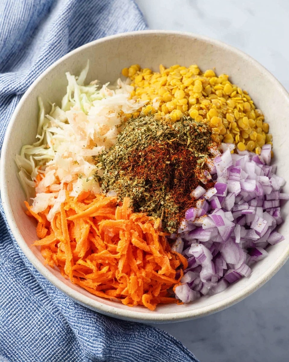 A white bowl on a white marbled surface holds five separate layers of finely shredded and chopped vegetables and spices. Starting clockwise from the top left, there is a pale cream layer of shredded root vegetable, likely jicama or daikon, next to a bright yellow layer of cooked lentils or similar grain. Between these two layers, a mound of green and brown mixed spices is placed with dark red spice scattered around it. On the bottom right, there are finely chopped purple onions with a crisp texture, and on the bottom left, a pile of shredded bright orange carrots. The bowl is positioned near a blue and white striped cloth. Photo taken with an iphone --ar 4:5 --v 7