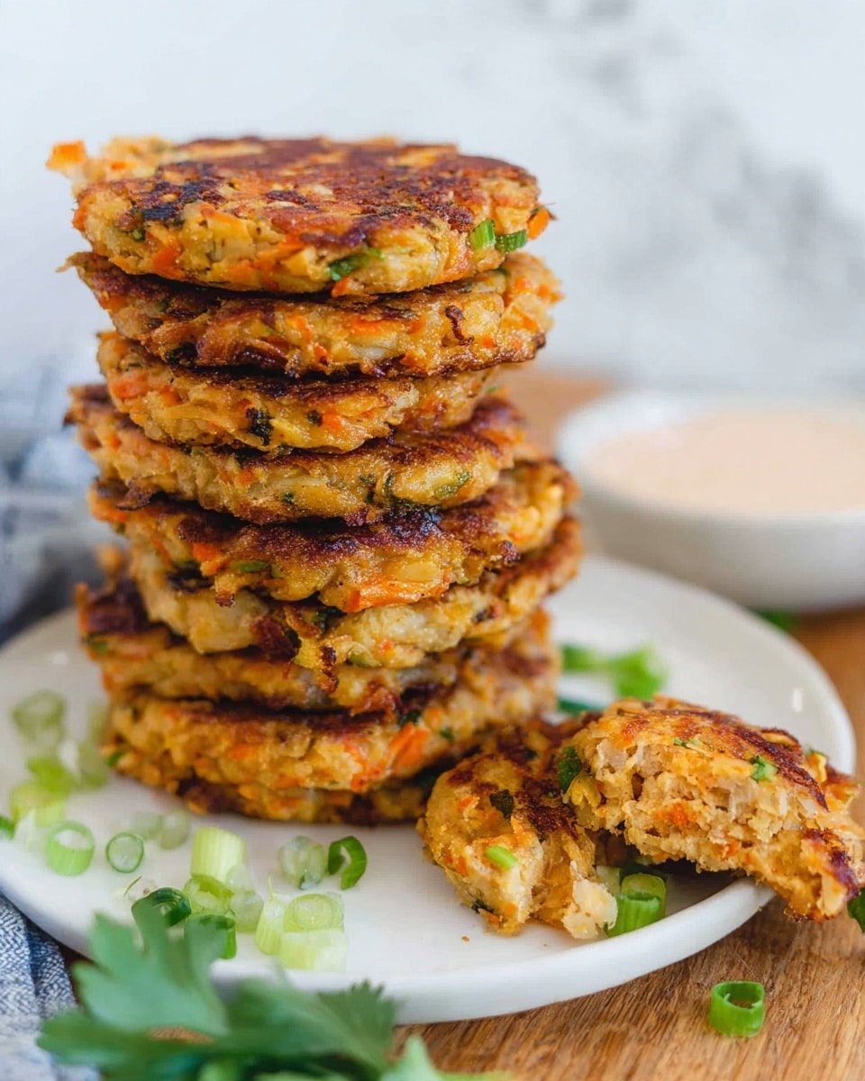 A tall stack of eight round, golden-brown veggie patties with visible bits of orange carrot and green onion pieces sits on a white plate, with some chopped green onions scattered around the base. One patty is lying broken on a wooden surface in front of the plate, showing a soft, textured inside with orange and beige colors. Green leafy herbs are beside the plate, and a small white bowl of light pink sauce is blurred in the background against a white marbled surface. Photo taken with an iphone --ar 4:5 --v 7