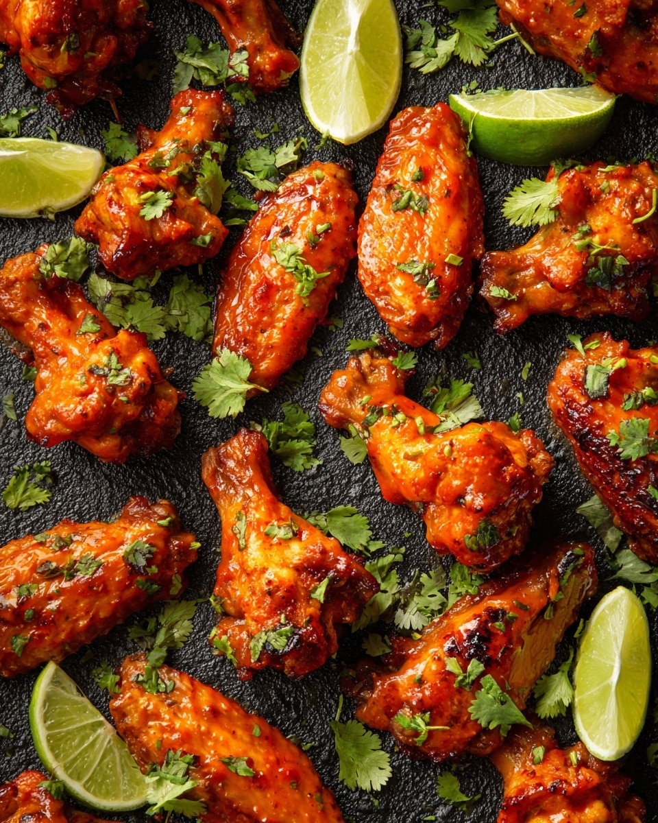 Many chicken wings, coated with a shiny orange-red sauce, are spread out on a dark textured surface. Bright green cilantro leaves are scattered over the wings, adding fresh color. Several lime wedges with light green flesh rest among the wings, giving a citrus touch. The wings show some grill marks and have small bits of herbs on them. The textures range from the smooth sauce to the slightly crispy skin on the wings. photo taken with an iphone --ar 4:5 --v 7