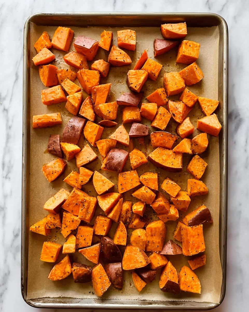 A metal baking tray lined with light brown parchment paper holds many pieces of roasted sweet potatoes. The sweet potato chunks vary in size and shape, showing skin on some edges which is rough and dark brown, while other parts are smooth and vivid orange. The pieces are scattered unevenly, some flatter and some thicker, showing a slightly crispy texture with tiny dark specks. The baking tray sits on a white marbled surface. Photo taken with an iphone --ar 4:5 --v 7