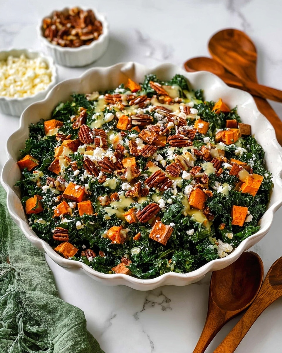 A large white scalloped bowl holds a mixed salad with dark green kale leaves as the base. The salad is layered with small orange cubes of roasted sweet potato and scattered pecan nuts, adding a rich brown color and crunchy texture. White crumbles of cheese are sprinkled throughout, contrasting with the green and orange. A creamy yellow dressing is drizzled over the top, giving a glossy finish. In the background, two small white bowls hold more cheese crumbles and pecans. The bowl sits on a white marbled surface, with a green cloth napkin and two wooden serving spoons nearby. Photo taken with an iphone --ar 4:5 --v 7