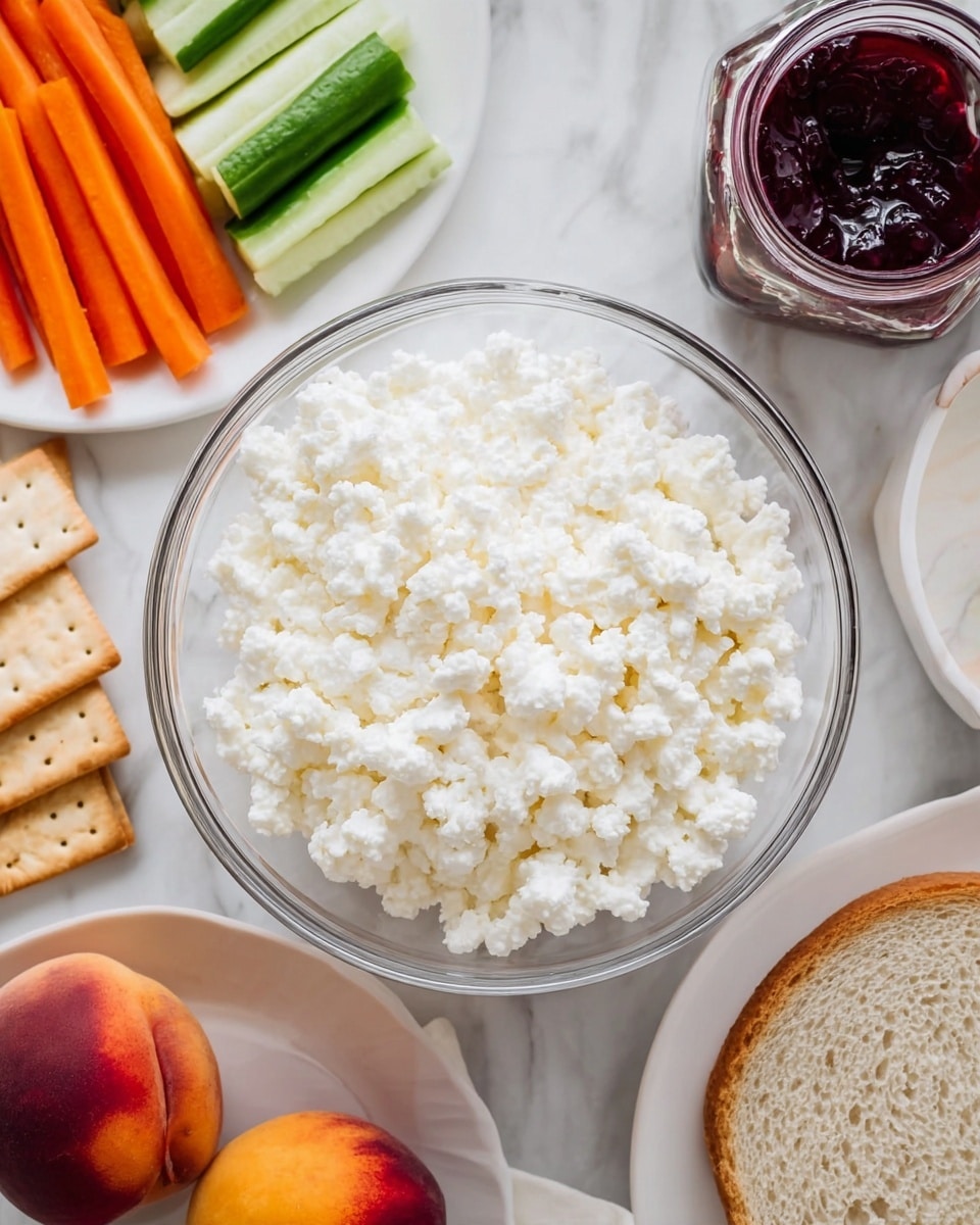 The image shows a clear glass bowl filled with white, lumpy cottage cheese placed in the center on a white marbled surface. To the left of the bowl is a white plate with a variety of snacks: orange carrot sticks, green cucumber sticks, and beige crisp crackers all arranged neatly. Just below the plate, there are two peaches with a mix of red and yellow colors. To the right side of the bowl, there is a white plate holding a slice of beige bread with a coarse texture, next to a jar of dark red jam. The overall scene is bright and clean with natural lighting. photo taken with an iphone --ar 4:5 --v 7