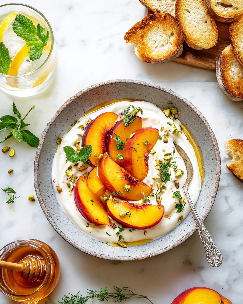 A bowl with a rough, gray speckled edge holds a creamy white yogurt base spread evenly across the bottom. On top, there are several thick, bright orange peach slices with red outer skin arranged in a scattered circle. Small green herb leaves and crushed pistachio nuts are sprinkled all over. A silver spoon with a decorative handle rests inside the bowl on the right side. The bowl sits on a white marbled surface surrounded by three toasted bread slices on the top right, a glass of water with lemon slices and a mint sprig on the top left, a honey jar with a wooden dipper on the right, and a halved peach and some herbs near the bottom. The overall setting feels fresh and bright. Photo taken with an iphone --ar 4:5 --v 7