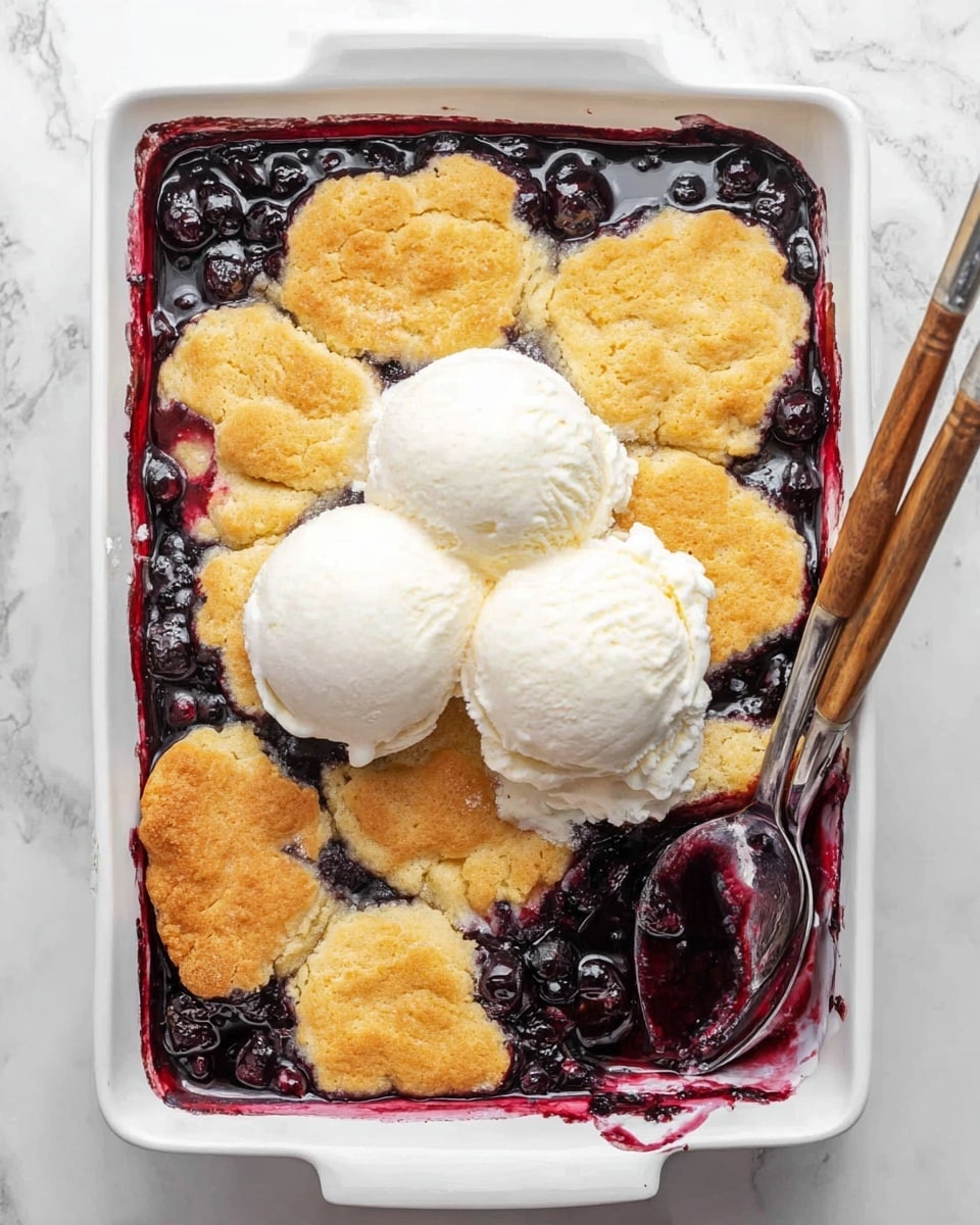 The image shows a white rectangular baking dish filled with a warm blueberry cobbler. The dish has one layer of dark purple blueberry filling that looks thick and shiny with whole blueberries visible. On top, there is a layer of golden brown biscuit pieces spread unevenly, covering most of the fruit layer. In the center, three scoops of white vanilla ice cream sit on the biscuit layer, starting to melt and spread slightly over the warm cobbler. Two metal spoons with wooden handles rest diagonally in the corner of the dish. The dish is placed on a white marbled surface. Photo taken with an iphone --ar 4:5 --v 7