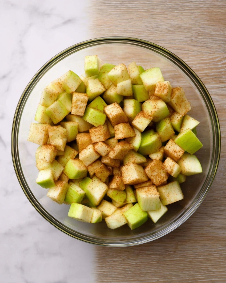 A clear glass bowl sits on a white marbled surface, filled with small, evenly sized cubes of green apple coated in a light speckled layer of cinnamon and sugar. The apple pieces show different shades of green and pale yellow with a fine texture of spice that adds a warm, brown tone over the fruit. The bowl is full but not overflowing, with the apple cubes loosely packed and mixed, showing a fresh and slightly glossy appearance. photo taken with an iphone --ar 4:5 --v 7