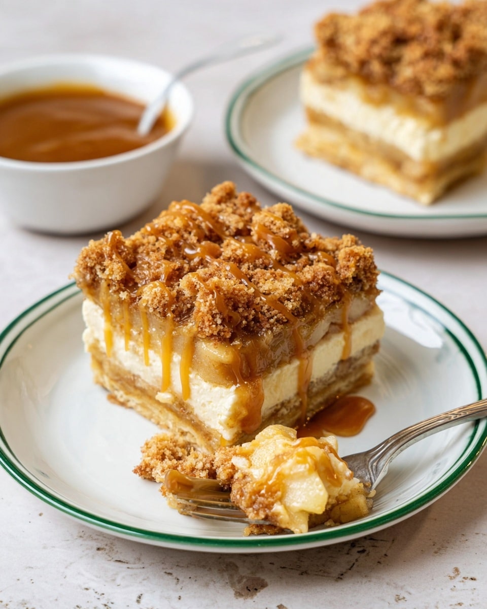 The image shows a square piece of layered dessert on a white plate with a green rim, placed on a white marbled surface. The dessert has four visible layers: a golden-brown base, a thick creamy white middle, a layer of soft cooked apple pieces mixed with cinnamon color, and a crumbly golden-brown streusel topping drizzled with caramel sauce. In front of the plated dessert, a fork holds a bite-sized portion showing the same layers and soft texture. In the background, a white bowl filled with more caramel sauce is slightly blurred. Photo taken with an iphone --ar 4:5 --v 7