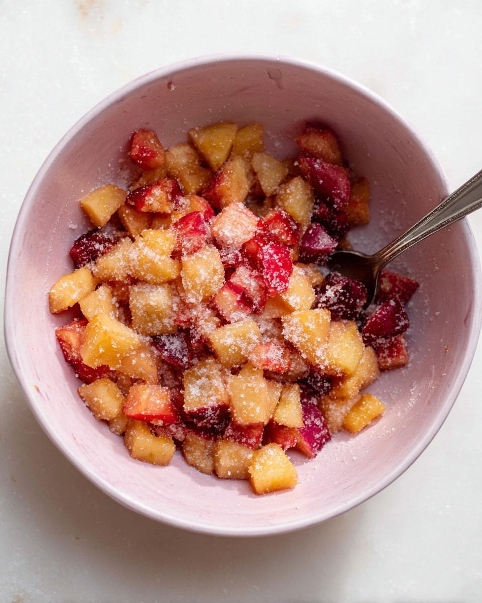 A close-up view of a pink bowl filled with small diced pieces of red and yellow fruit coated with a light dusting of granulated sugar, creating a slightly crystalline texture on the fruit surface. A silver spoon rests in the bowl, partially submerged in the fruit mix, positioned towards the top right. The bowl sits on a white marbled surface, providing a clean and bright contrast to the warm tones of the fruit inside. Photo taken with an iphone --ar 4:5 --v 7