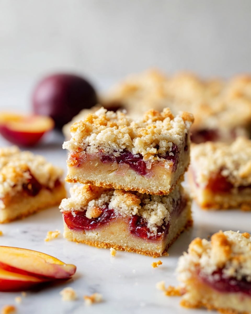 The image shows a stack of two square plum crumb bars, placed on a white marbled surface. Each bar has three layers: a light golden crumbly base, a middle layer filled with soft, juicy red and orange plum pieces, and a top layer of lightly browned crumb topping with small, uneven crumbs. Around the stack, several more crumb bars are scattered, showing similar textures and colors. In the background, there is a whole dark red plum and some thin plum slices. The overall setting is bright with a soft focus on the background, highlighting the bars in the front. Photo taken with an iphone --ar 4:5 --v 7