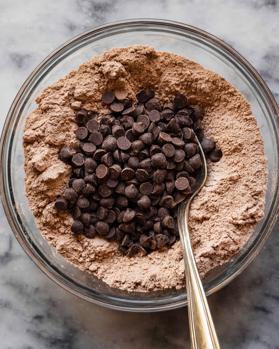 A clear glass bowl filled with light brown cocoa powder mixed with dry ingredients, with a pile of dark brown chocolate chips in the center. A silver spoon rests inside the bowl, partially covered with the powder. The bowl is placed on a white marbled surface. photo taken with an iphone --ar 4:5 --v 7