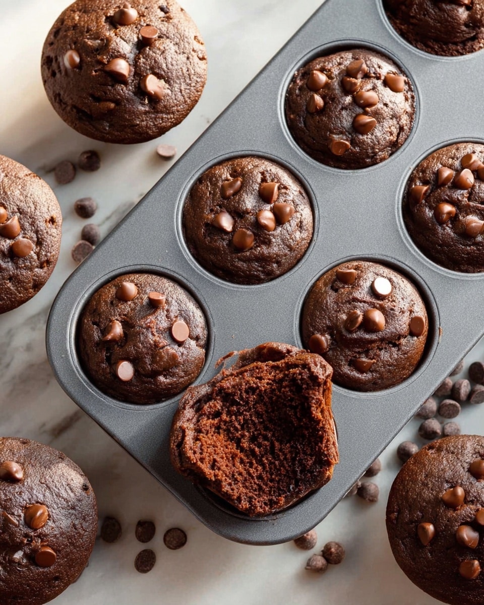 The image shows a gray muffin tray with eight round chocolate muffins inside. Each muffin is topped with scattered chocolate chips that are slightly melted and shiny. One muffin is removed from the tray, revealing a moist, soft inside with a rough texture. Around the tray on the white marbled surface, there are more chocolate muffins, all round with a similar chocolate chip topping. Small loose chocolate chips are also scattered around the tray. The lighting highlights the rich brown color of the muffins and the smooth, glossy surface of the chocolate chips. Photo taken with an iphone --ar 4:5 --v 7