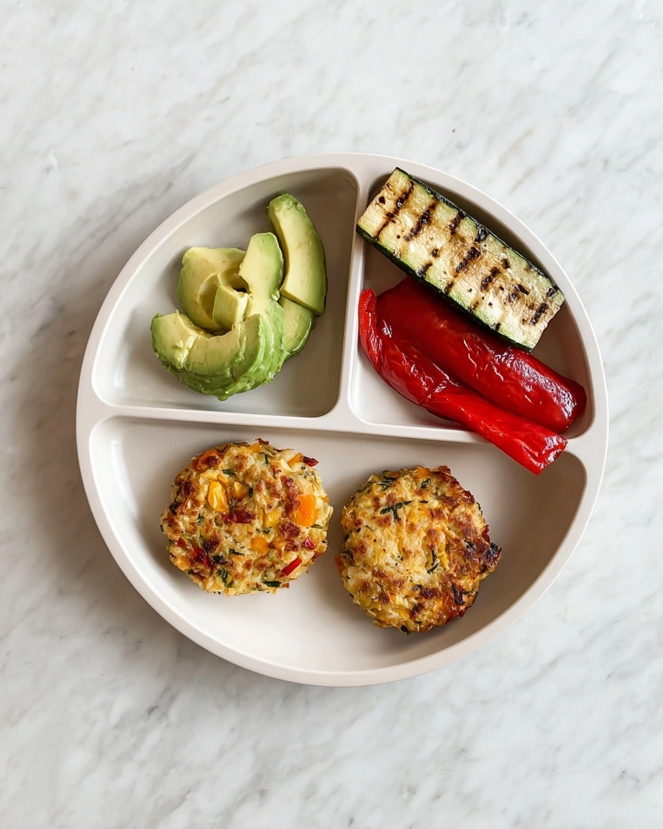 A white round plate with three sections on a white marbled surface holds simple food items. The largest bottom section has two small, round patties that are golden brown with small visible bits of orange and green vegetables. The top right section has two pieces of grilled vegetables: a long piece of zucchini with light brown grill marks and a bright red grilled pepper beside it, both with slightly wrinkled textures. The top left section contains two slices of fresh green avocado with smooth and creamy textures. Photo taken with an iphone --ar 4:5 --v 7
