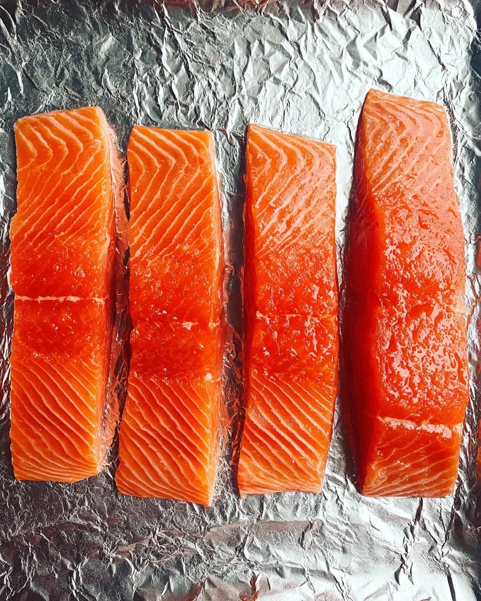 Four raw salmon fillets are laid side by side on crinkled silver foil. Each fillet shows bright orange flesh with lighter, thin white lines running through it. The fillets are rectangular, thick, and have smooth shiny surfaces with small glistening water drops. The foil underneath reflects light with a textured, crumpled pattern. photo taken with an iphone --ar 4:5 --v 7