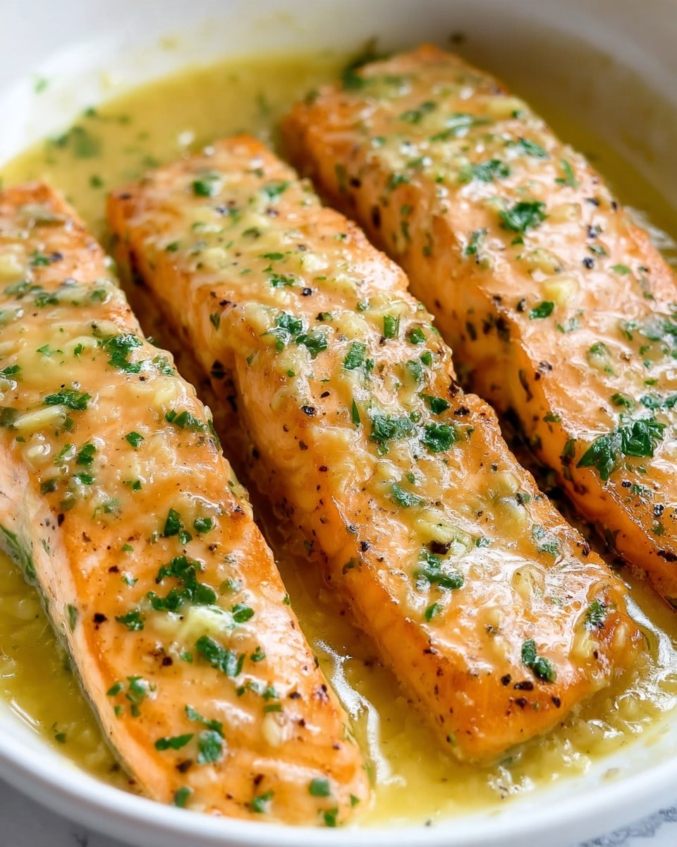 The image shows three pieces of golden cooked salmon placed side by side in a white dish, each piece topped with a glossy layer of melted garlic butter sauce that glistens with small bits of garlic and herbs. The salmon has a slightly crisped texture around the edges with black pepper and small green parsley flakes sprinkled evenly over the top. The sauce pools slightly around the base of the fish, giving it a moist and rich look. The background is a softly lit white marbled surface. photo taken with an iphone --ar 4:5 --v 7