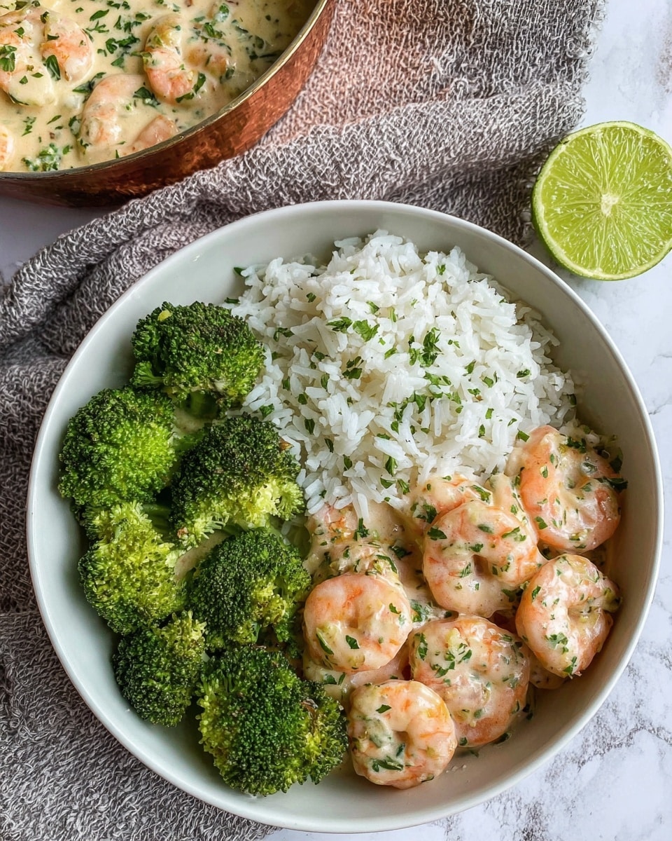 In a white bowl on a white marbled surface, three main layers sit side by side: bright green broccoli florets with a textured, slightly rough surface on the left, soft and fluffy white rice with separate grains in the middle, and light pink shrimp coated in a creamy, slightly glossy sauce with small green herb pieces scattered on top on the right. Above, a halved lime rests on a textured gray cloth. Part of a copper pan filled with shrimp in creamy sauce and green herbs is visible in the upper left corner. Photo taken with an iphone --ar 4:5 --v 7