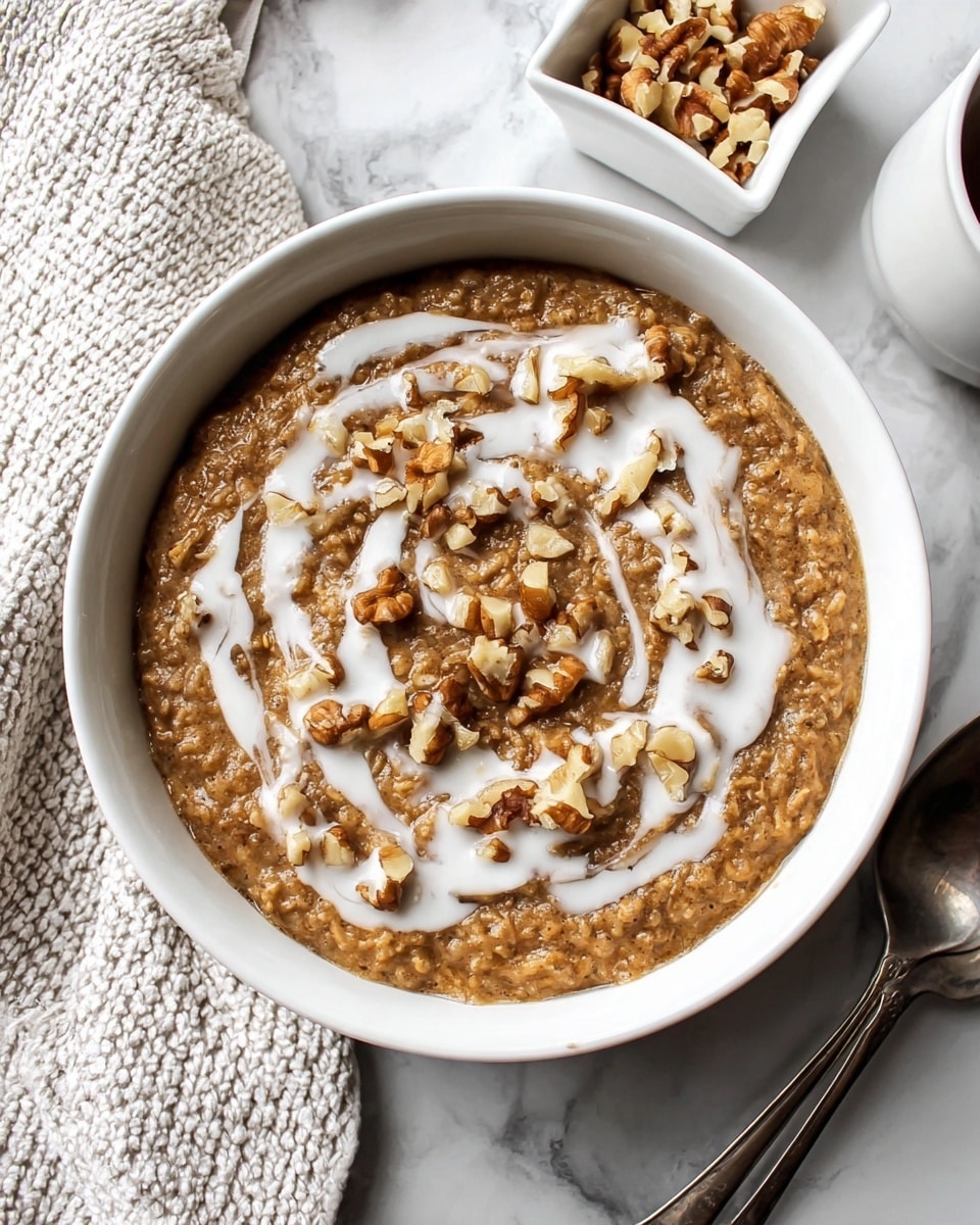 A white bowl holds a thick, brown oatmeal with a rough texture filling the bowl almost to the top. On top, white creamy drizzle is spread in a loose swirling pattern, with small pieces of chopped light brown walnuts scattered mostly in the center. The bowl sits on a white marbled surface, with a silver spoon to the right and a small white square dish of more chopped walnuts nearby. A white and beige textured cloth is partially visible on the upper left side. Photo taken with an iphone --ar 4:5 --v 7