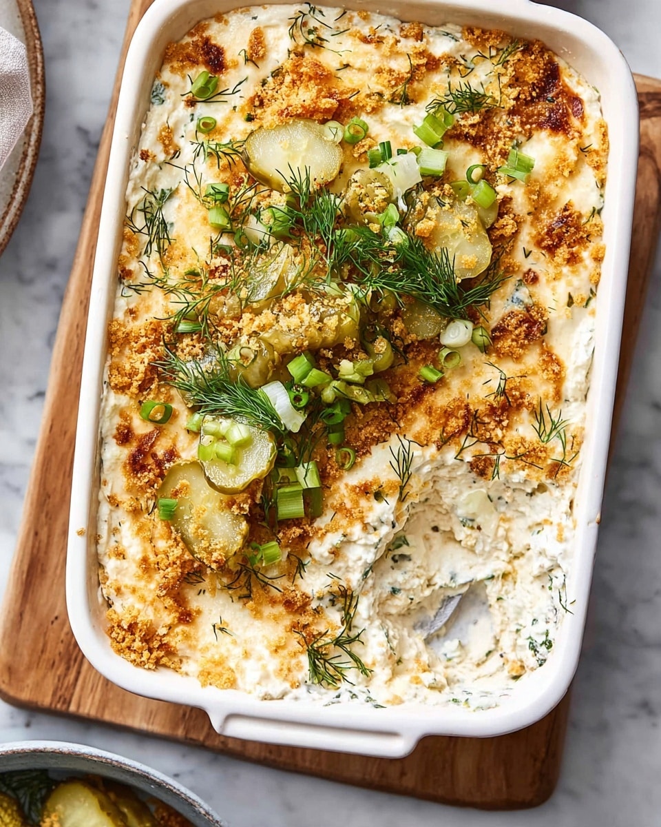 A rectangular white ceramic dish filled with a creamy, lightly browned layered dip that has an uneven golden top with small browned spots. The dip is garnished on top with fresh green dill sprigs, chopped green onions, and small chunks of light green pickles scattered mainly in the center. Some golden crispy crumbs are also sprinkled on top, adding texture. A scoop has been taken from the bottom right corner, showing the creamy white interior with visible herbs mixed in. The dish is placed on a white marbled surface with a wooden board and part of a bowl with more of the dip visible at the bottom. Photo taken with an iphone --ar 4:5 --v 7