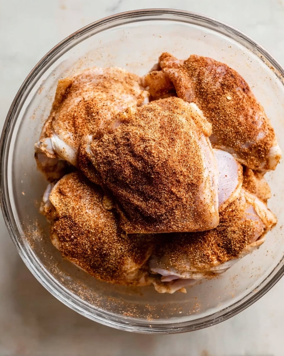 The image shows a clear glass bowl filled with raw chicken thighs placed closely together. The chicken pieces have uneven skin layers with a pale pink color under a thick, rough layer of dry brown spice rub that covers the top and sides. The spices look coarse and powdery, giving the chicken a speckled brown color. The bowl is on a white marbled surface. The photo taken with an iphone --ar 4:5 --v 7