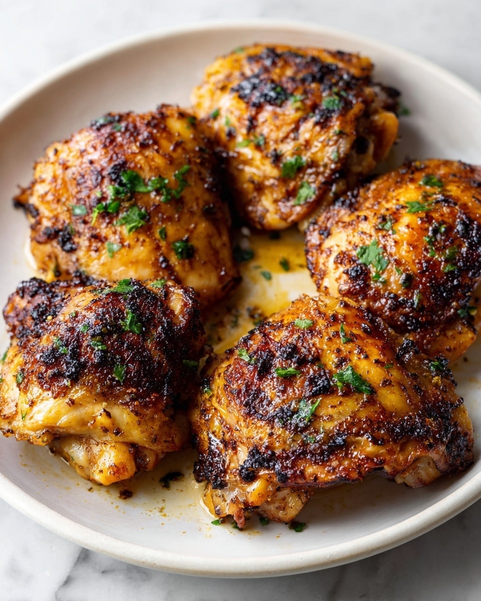 A white plate holds five pieces of cooked chicken thighs with golden-brown, crispy skin marked with some dark char spots, giving a textured look. The chicken pieces are scattered evenly with small green parsley flakes adding a fresh contrast on top. The skin looks shiny with a slight oily glaze, and the meat appears tender beneath. The plate sits on a white marbled surface, enhancing the warm colors of the chicken. photo taken with an iphone --ar 4:5 --v 7