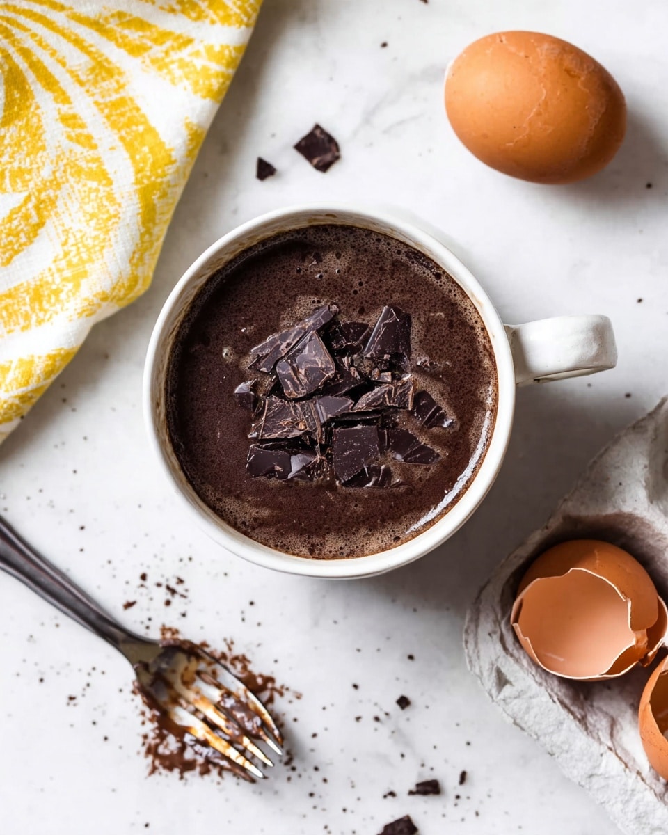 A white mug filled with a dark brown liquid layer, topped with scattered pieces of dark chocolate, sits on a white marbled surface. To the right, there are two brown eggshell halves placed close together, and near them lies a silver fork with chocolate and cream stains. In the top left corner, a yellow and brown patterned cloth is partially visible. The image is bright and clean with a top-down view photo taken with an iphone --ar 4:5 --v 7