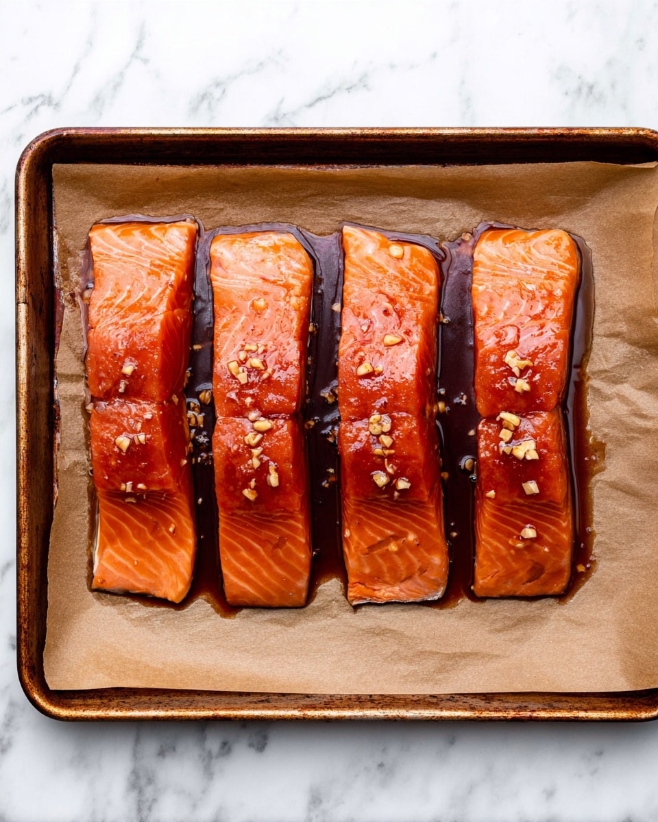 The image shows four pieces of raw salmon fillets arranged in a single row on a baking tray lined with brown parchment paper. Each piece has a deep orange-pink color with a glossy surface, marinated with a dark brown sauce that adds a shiny texture. Small bits of minced garlic or ginger are scattered on top of the fish. The tray is placed on a white marbled surface. Photo taken with an iphone --ar 4:5 --v 7
