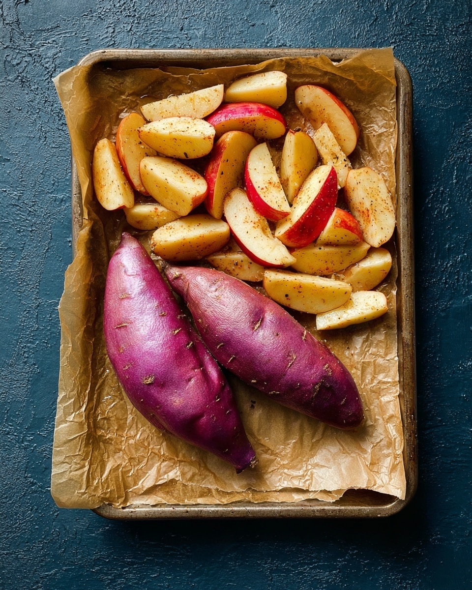 A baking tray lined with brown parchment paper holds two large, shiny purple sweet potatoes placed next to a pile of sliced apple wedges, which are yellow and red with a light seasoning sprinkled over them. The tray is set on a dark blue textured surface, which contrasts with the smooth and shiny skin of the sweet potatoes and the matte finish of the apple slices. The apple slices show some seasoning specks and a slight oily sheen. photo taken with an iphone --ar 4:5 --v 7