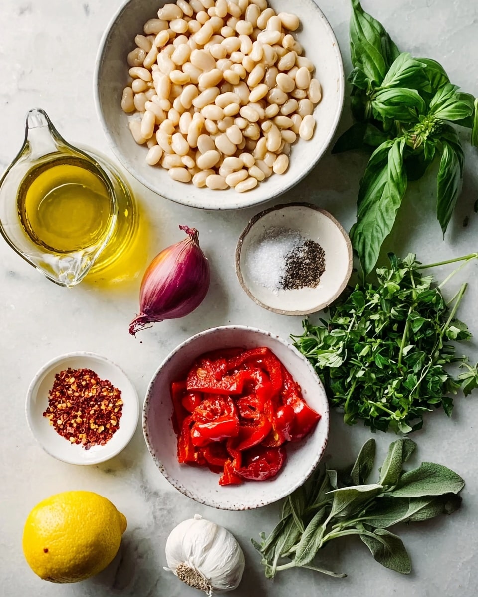 A white bowl filled with small, pale white beans sits near the top right of the image on a white marbled surface. To the left, a clear glass jug holds golden olive oil. Below the jug, a small white bowl contains bright red roasted pepper slices with slightly charred black spots. A small purple shallot and a white whole garlic bulb rest beside these bowls. Fresh green herbs, including basil, parsley, and oregano, are spread in bunches on the right side and bottom of the image. A bright yellow lemon lies near the bottom left corner. Two small white bowls hold red chili flakes and black and white pepper salt. The lighting is soft and even, highlighting the fresh natural colors and textures. Photo taken with an iphone --ar 4:5 --v 7