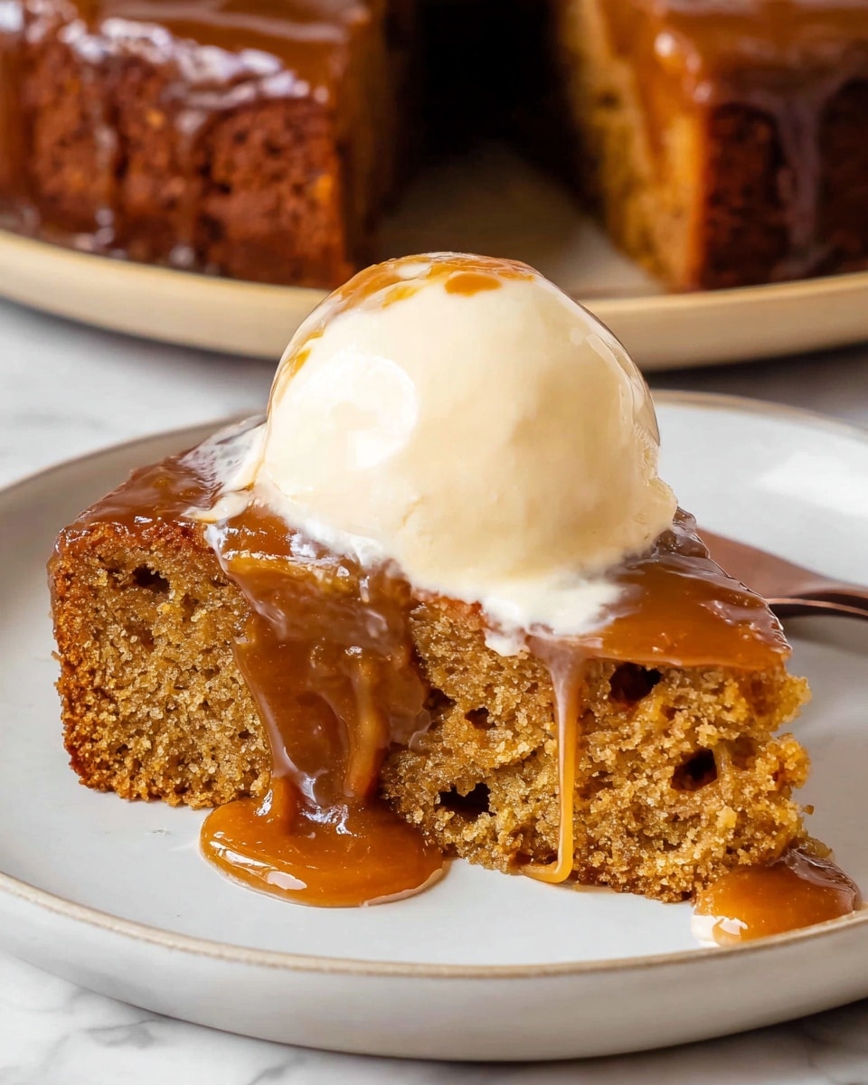 A single slice of brown cake with a moist texture sits on a white plate on a white marbled surface. The cake has small holes inside and looks soft. On top, there is a thick layer of shiny caramel sauce that drips down the sides. Above the sauce, there is one scoop of smooth, creamy vanilla ice cream, beginning to melt slightly and mixing with the caramel. Behind the plate, part of the rest of the cake is visible in the background. photo taken with an iphone --ar 4:5 --v 7